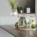 Modern Kitchen Countertop With Glass Water Pitcher Appliances Green Herbs And Lemon Slices