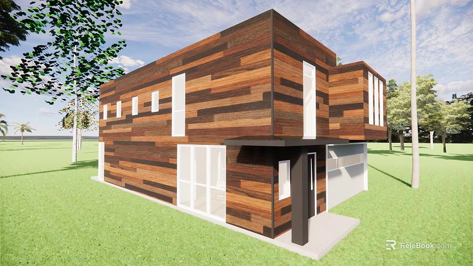 Modern Detached House With Wooden Exterior Horizontal Stripe Design And Large Glass Windows 3d model 