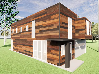 Modern Detached House With Wooden Exterior Horizontal Stripe Design And Large Glass Windows 3d model