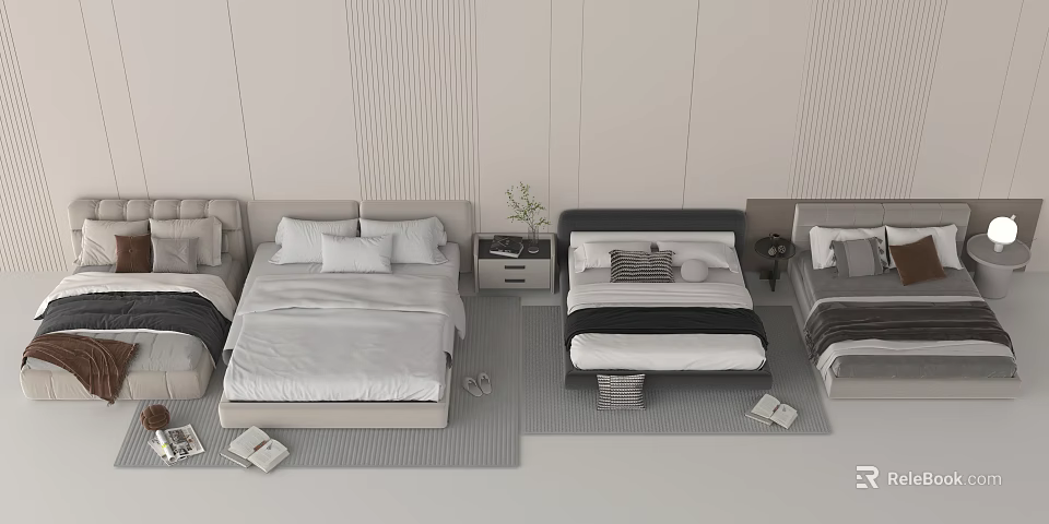 Modern Double Bed Bedroom Setup With Nightstand Pillows And Decorative Plants 3d model 