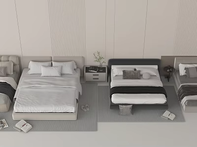 Modern Double Bed Bedroom Setup With Nightstand Pillows And Decorative Plants 3d model