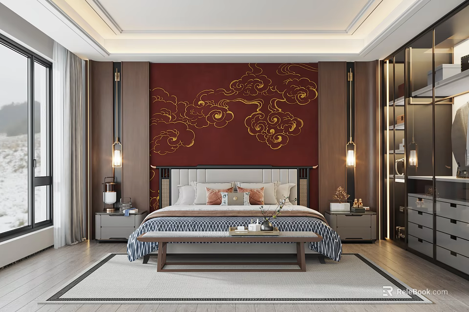 Elegant Bedroom Interior Design With Red Golden Cloud Wall Grey Upholstered Headboard And Dark Wardrobes 3d model 
