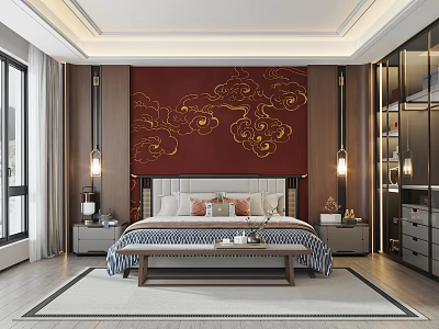 Elegant Bedroom Interior Design With Red Golden Cloud Wall Grey Upholstered Headboard And Dark Wardrobes 3d model