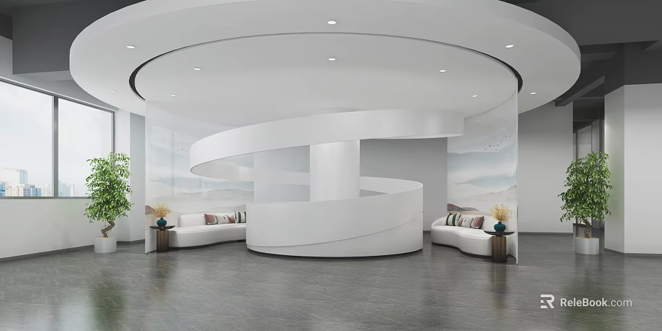 Elegant Modern Reception Area Interior With Spiral White Desk Comfortable Sofas And Decorative Wall Art 3d model