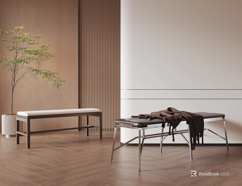 Modern Interior With Wooden Wall White Wall Wooden Floor And Stools With Blanket 3d model 