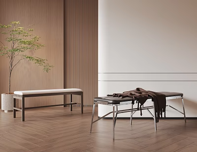 Modern Interior With Wooden Wall White Wall Wooden Floor And Stools With Blanket 3d model