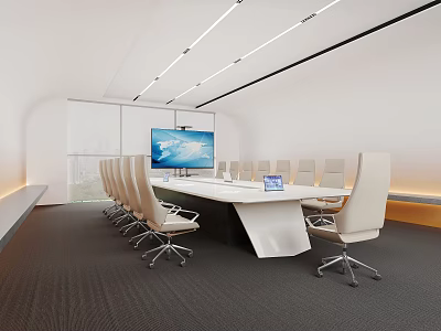 Modern Conference Room Interior With Long Table Ergonomic Chairs And Large Display Screen 3d model