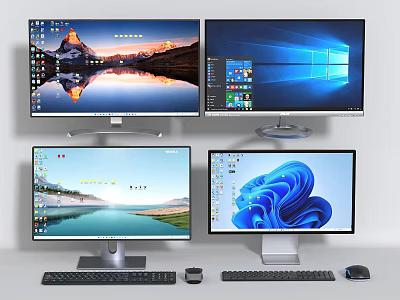 Multiple Computer Monitors Desktop Setup With Scenic Wallpapers And Accessories 3d model