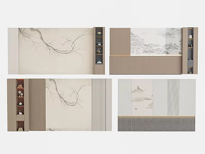 Chinese Style Bedroom Accent Wall Design With Branch Pattern Landscape Painting And Wooden Trim 3d model