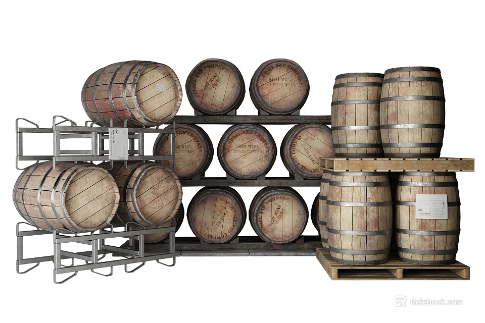 Wooden Barrels Stacked On Metal Racks And Wooden Pallets Storage Area 3d model 