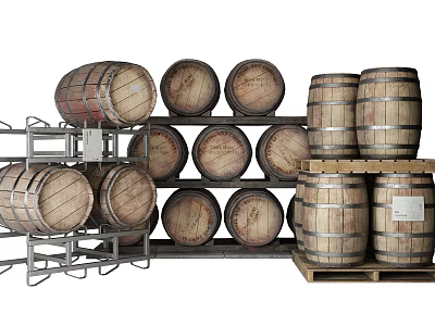 Wooden Barrels Stacked On Metal Racks And Wooden Pallets Storage Area 3d model