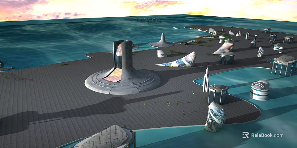 Cartoon Seaside Scene with Futuristic Buildings of Unique Shapes on Water Platforms and Sunset Sky 3d model 