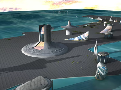 Cartoon Seaside Scene with Futuristic Buildings of Unique Shapes on Water Platforms and Sunset Sky 3d model