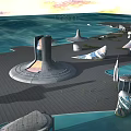 Cartoon Seaside Scene with Futuristic Buildings of Unique Shapes on Water Platforms and Sunset Sky