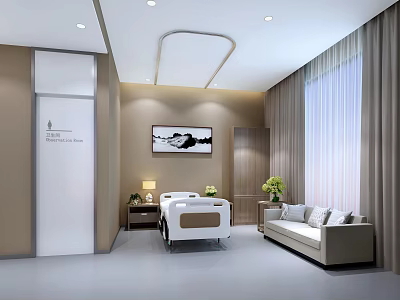 Modern Treatment Room Interior With White Bed Sofa Decorative Painting Green Plants And Curtains 3d model