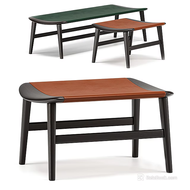Modern Minimalist Stool With Brown Leather Seat And Black Wooden Legs Design 3d model 