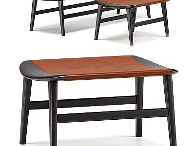 Modern Minimalist Stool With Brown Leather Seat And Black Wooden Legs Design 3d model