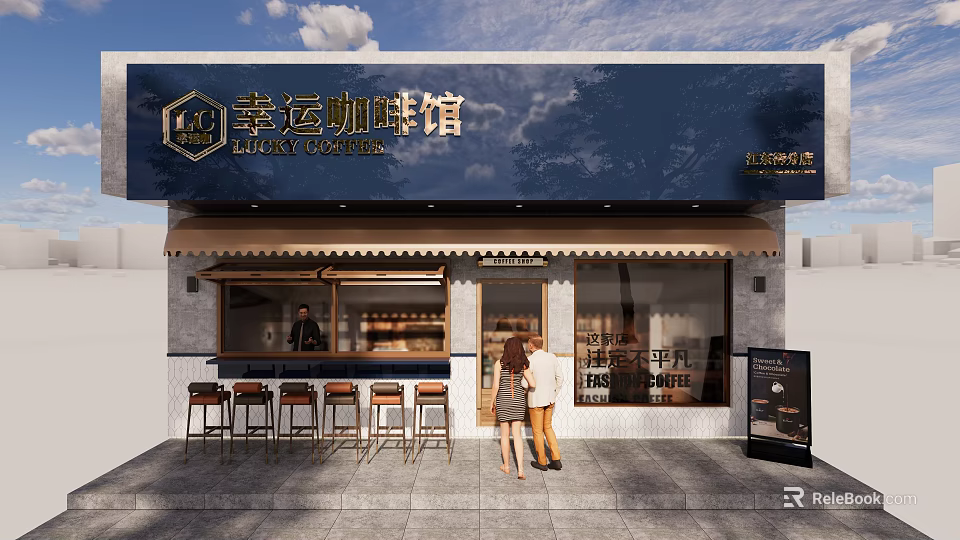 Blue Lucky Coffee Shop Storefront with Signage Bar Stools and People Standing Outside 3d model 