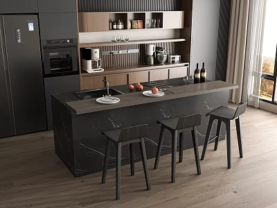 Modern Open Restaurant Kitchen Interior With Dark Marble Island Counter Black Cabinets And Bar Stools 3d model