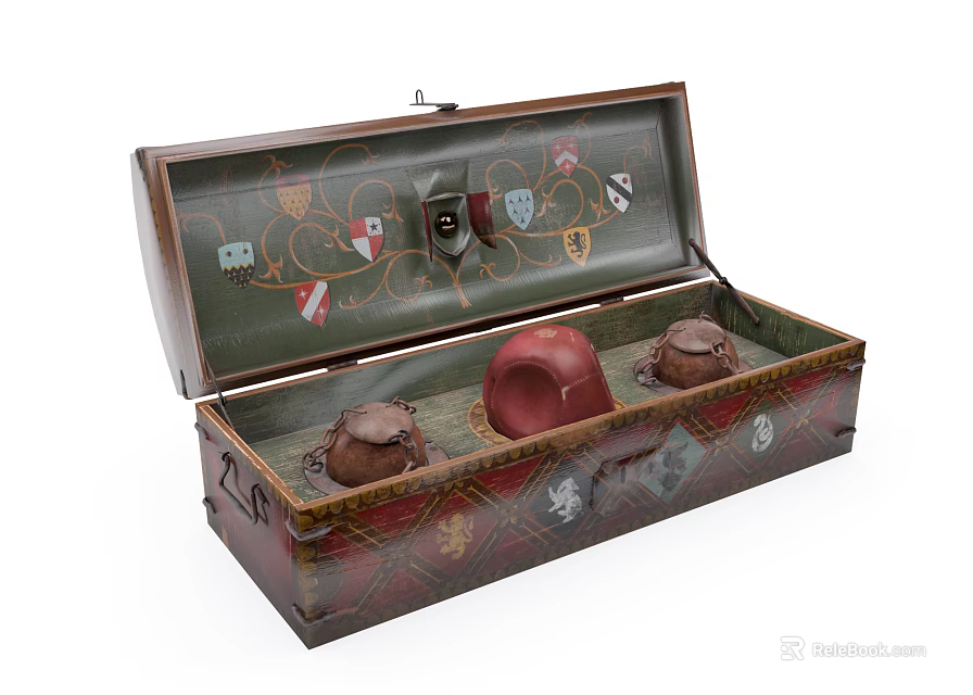 Open Decorative Box with Red and Brown Containers and Heraldic Badge Design 3d model 