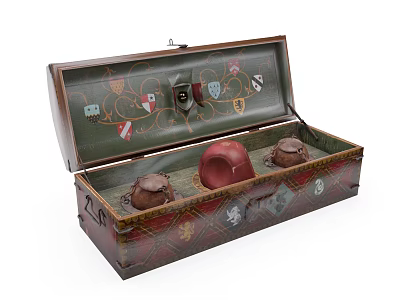 Open Decorative Box with Red and Brown Containers and Heraldic Badge Design 3d model