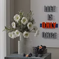 White Flowers In Silver Textured Vase With Figs Decorative Wall Letters And Natural Light