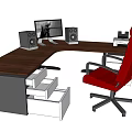 Wooden Office Desk With Computer Monitor Black Speakers Stack Of Books And Storage Drawers