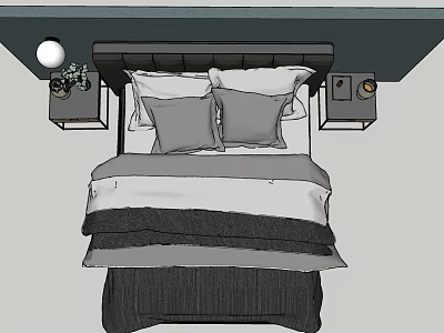 Modern Double Bed With Dark Headboard Gray Pillows Bedding Nightstands And Table Lamps 3d model
