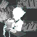 Man Partially Hidden By Green Code Blocks In Digital Black Background Scene