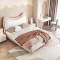 Double Bed with Pink Wave Design Headboard Lit Back Wall Rabbit Toy Nightstand and Desk