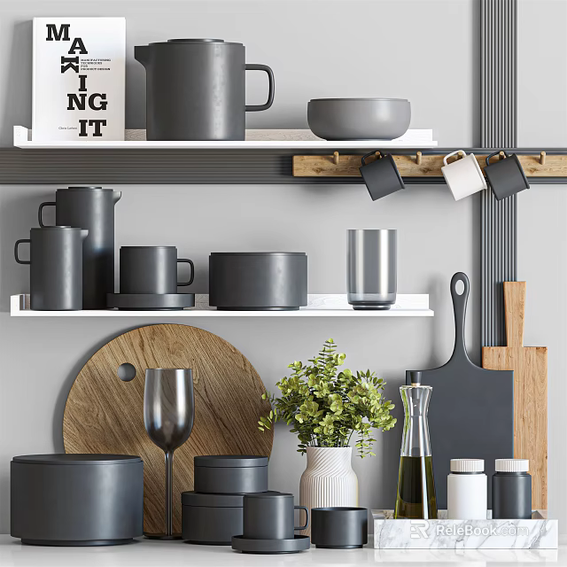 Stylish Gray Kitchenware Collection On Shelves With Wooden Cutting Board And Green Plant 3d model 