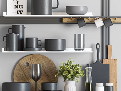 Stylish Gray Kitchenware Collection On Shelves With Wooden Cutting Board And Green Plant 3d model