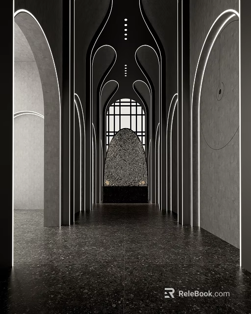 Elegant Hotel Corridor Interior With Arched Structures And Decorative Stone Wall 3d model 