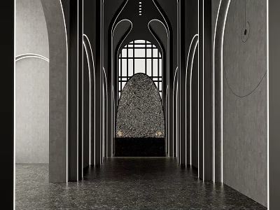 Elegant Hotel Corridor Interior With Arched Structures And Decorative Stone Wall 3d model