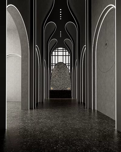 Elegant Hotel Corridor Interior With Arched Structures And Decorative Stone Wall 3d model