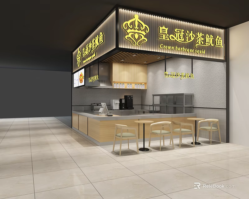 Crown Satay Squid Shopping Mall Food Shop With Wooden Counter Dining Tables And Modern Interior 3d model 