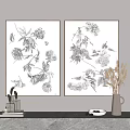 Black and White Floral Sketches Wall Decor With Dried Flowers In Vase