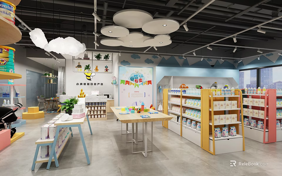 Bright Children's Maternity And Baby Products Store With Cloud Decorations Shelves And Display Tables 3d model 
