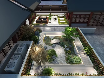 Chinese Style Garden Landscape With Stone Path Green Plants And Wooden Platform 3d model