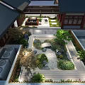 Chinese Style Garden Landscape With Stone Path Green Plants And Wooden Platform