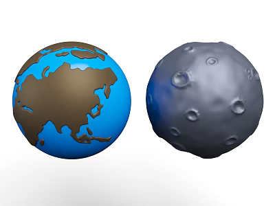 3D Model of Earth and Moon With Blue Ocean Brown Land and Gray Crater Surface 3d model