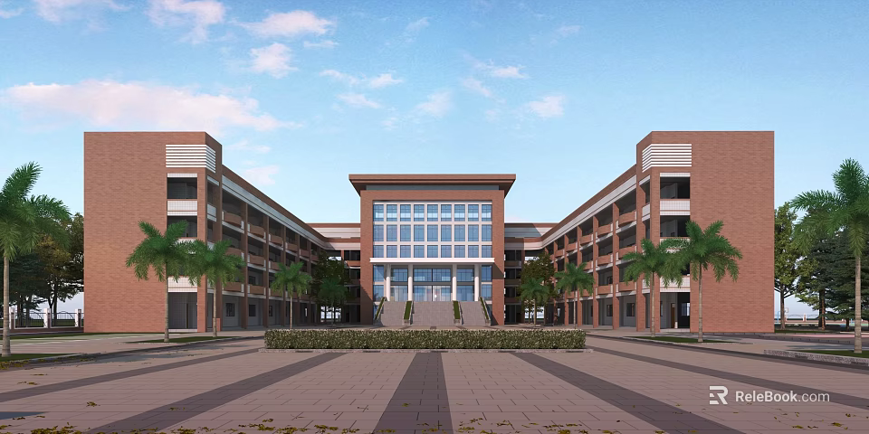 Red Brick School Building With Symmetrical Structure Large Glass Windows Plaza And Palm Trees 3d model 