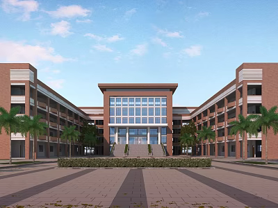 Red Brick School Building With Symmetrical Structure Large Glass Windows Plaza And Palm Trees 3d model