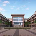 Red Brick School Building With Symmetrical Structure Large Glass Windows Plaza And Palm Trees