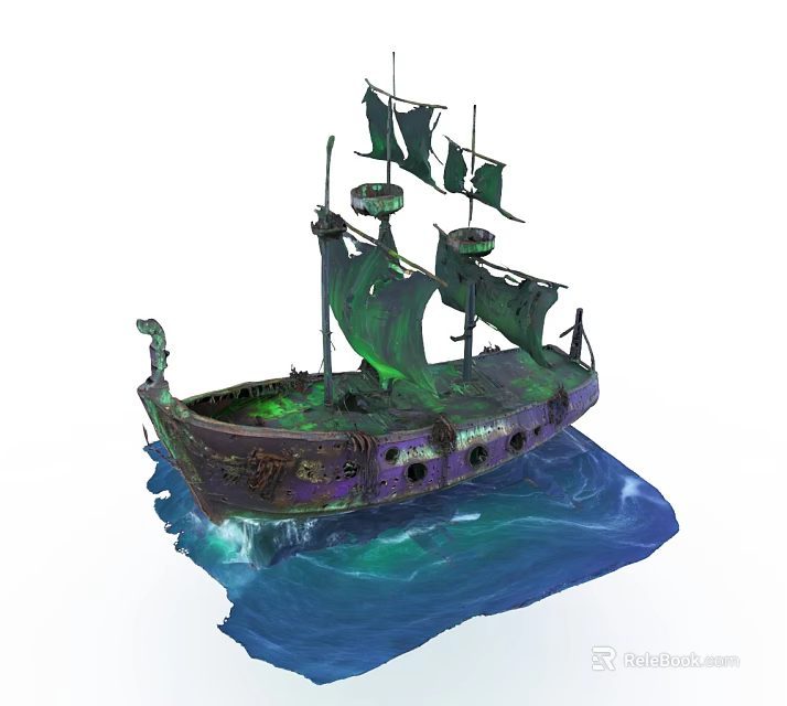 Old Wooden Ship Featuring Green Sails Weathered Hull And Green Glow On Blue Water 3d model 