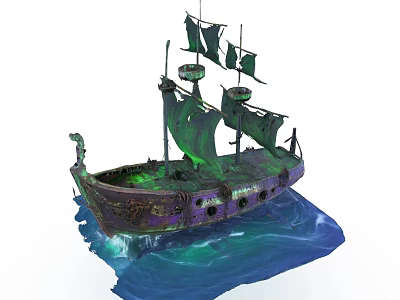 Old Wooden Ship Featuring Green Sails Weathered Hull And Green Glow On Blue Water 3d model