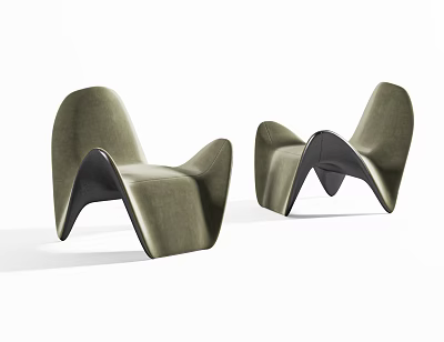 Modern Green Velvet Leisure Chairs With Curved Backrest And Black Legs 3d model