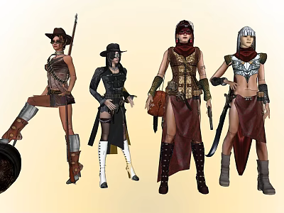Group of Four Female Warriors in Western Fantasy Leather Outfits with Weapons 3d model