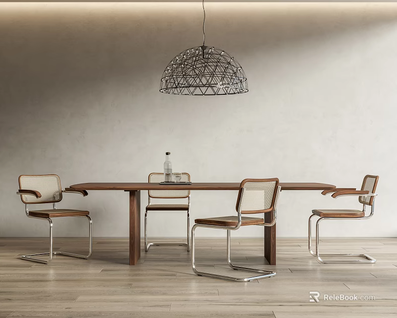 Modern Wooden Dining Table Set With Metal Frame Chairs And Wire Mesh Pendant Light 3d model 