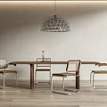 Modern Wooden Dining Table Set With Metal Frame Chairs And Wire Mesh Pendant Light